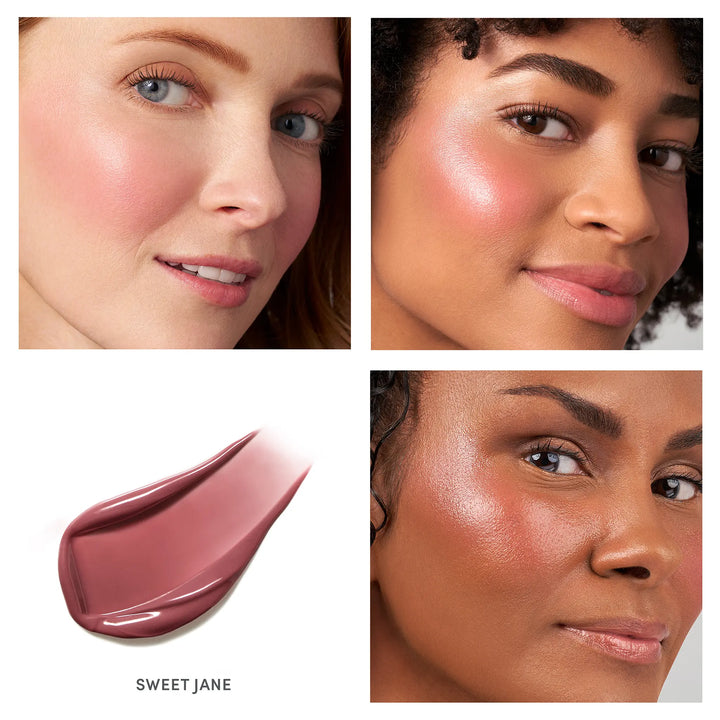 Collage of three women with different skin tones wearing a mauve liquid blush, labeled &