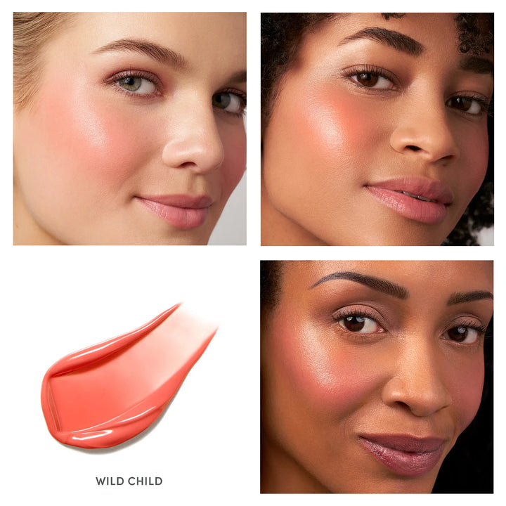 Collage of three women with different skin tones wearing a coral liquid blush, labeled &