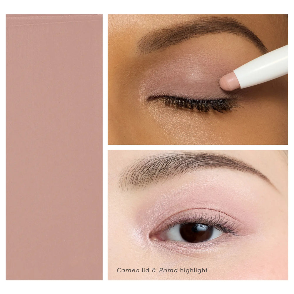 Close-up eye look featuring Jane Iredale® ColorLuxe Eye Shadow Stick in Cameo, showing a soft matte pink-beige shade on the lid on two skin tones, with product visible in one image.