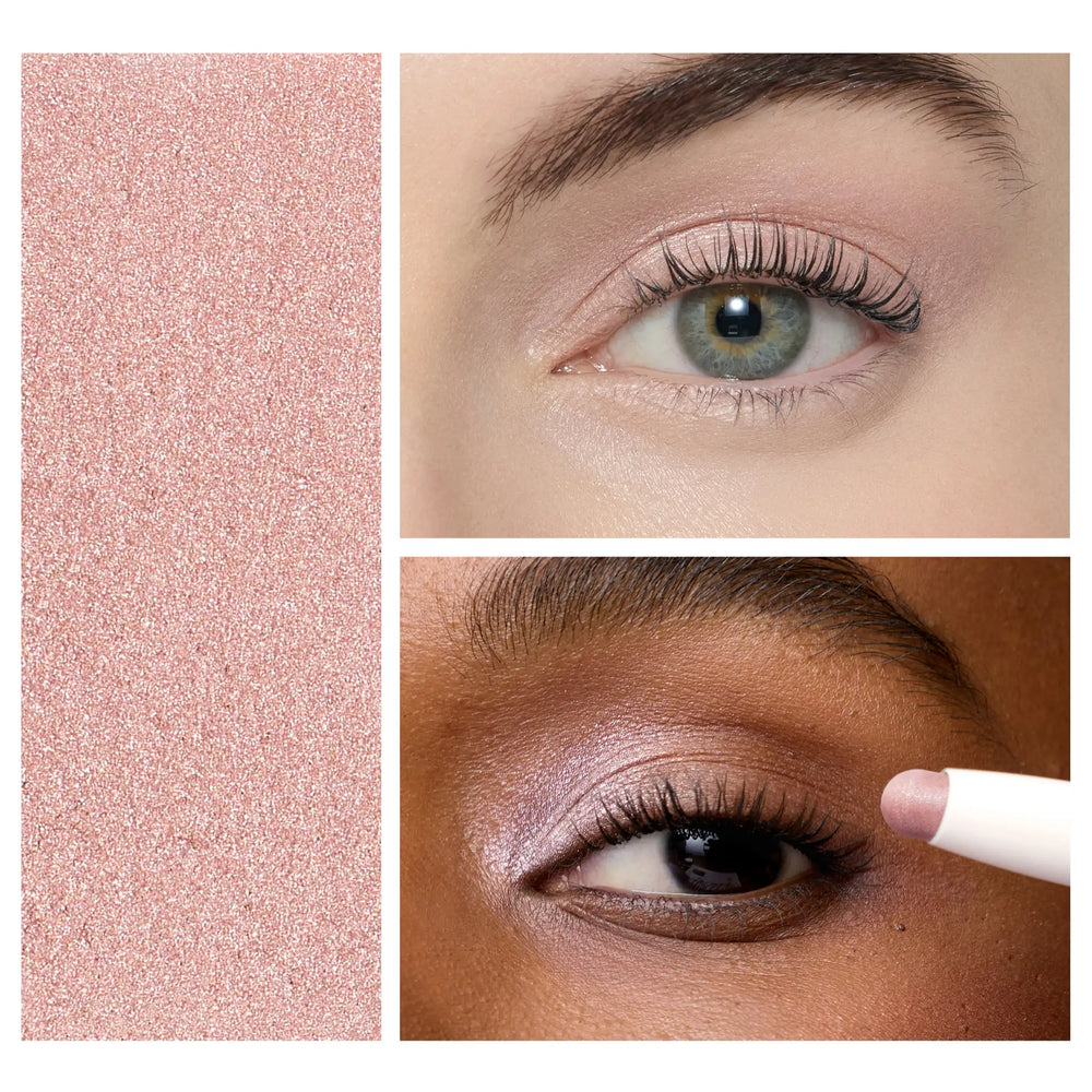 Close-up eye look featuring Jane Iredale® ColorLuxe Eye Shadow Stick in Prima, showing a light pink shimmer shade on the lid on two skin tones, with product visible in one image.