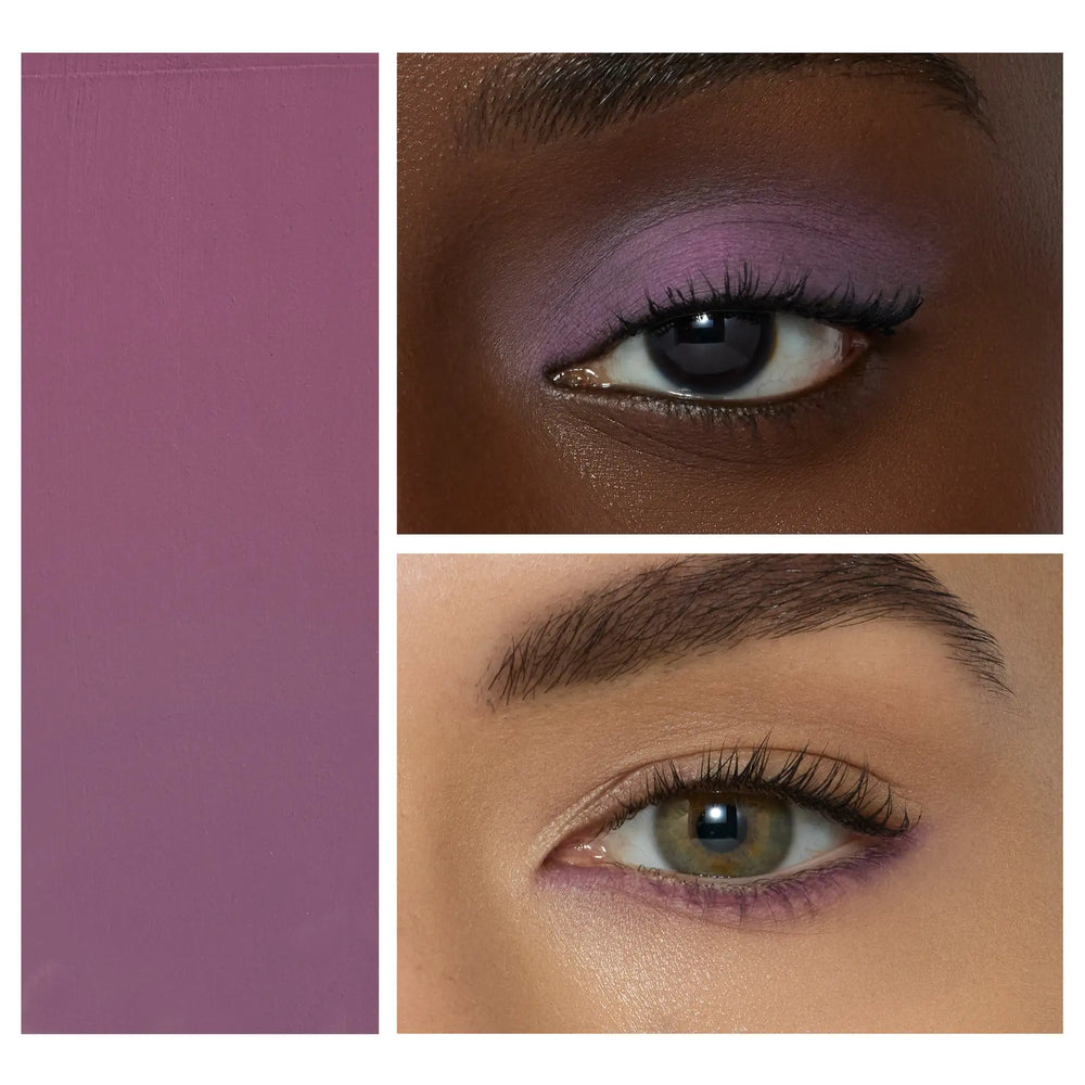 Close-up eye look featuring Jane Iredale® ColorLuxe Eye Shadow Stick in Provence, showing a soft matte purple shade on the lid and lower lash line on two skin tones.