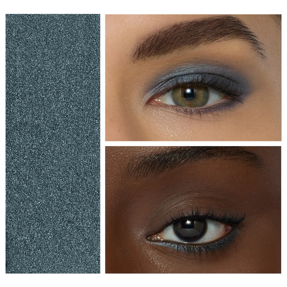 Close-up eye look featuring Jane Iredale® ColorLuxe Eye Shadow Stick in Riviera, showing a deep shimmering blue shade on the lid and along the lower lash line on two skin tones.