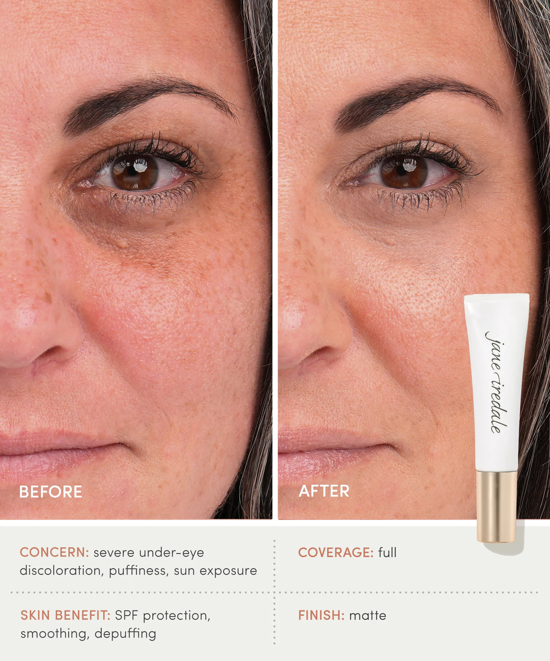 Before and after comparison of a woman's face with under-eye discoloration, showing Enlighten Plus Under-Eye Concealer product application.