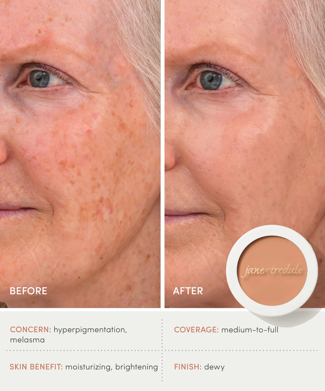 Before and after comparison of skin treatment with a close-up of a woman's face using Enlighten Concealer