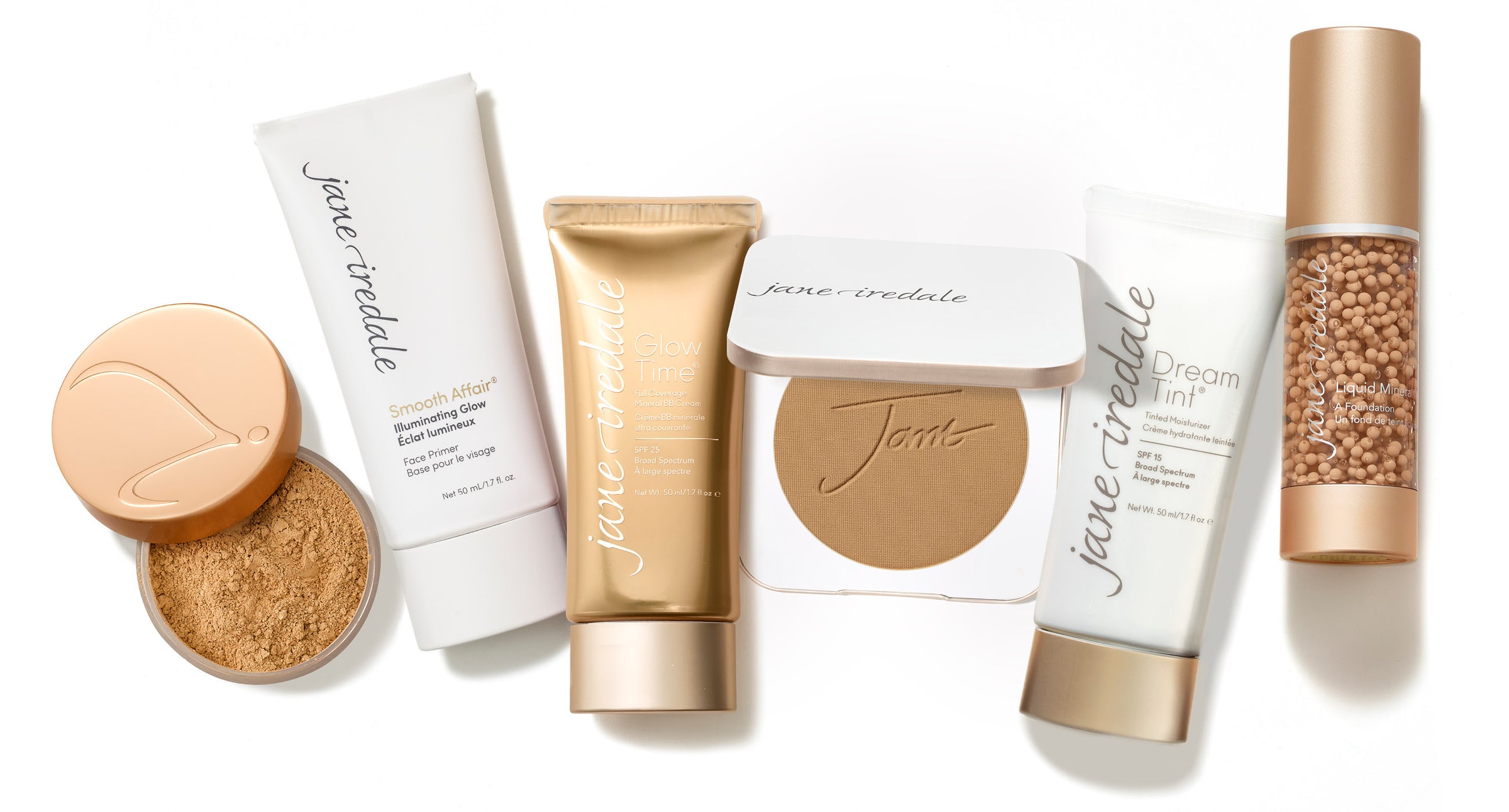 jane iredale mineral foundations lined up in a flatlay position