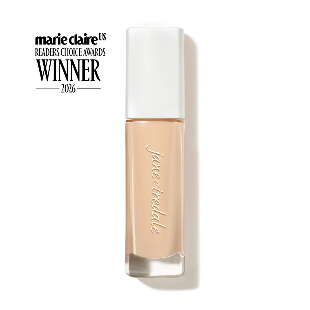Jane Iredale® Skintuition foundation bottle on a light neutral background, with Marie Claire US Readers’ Choice Awards Winner 2026 text in the top left.