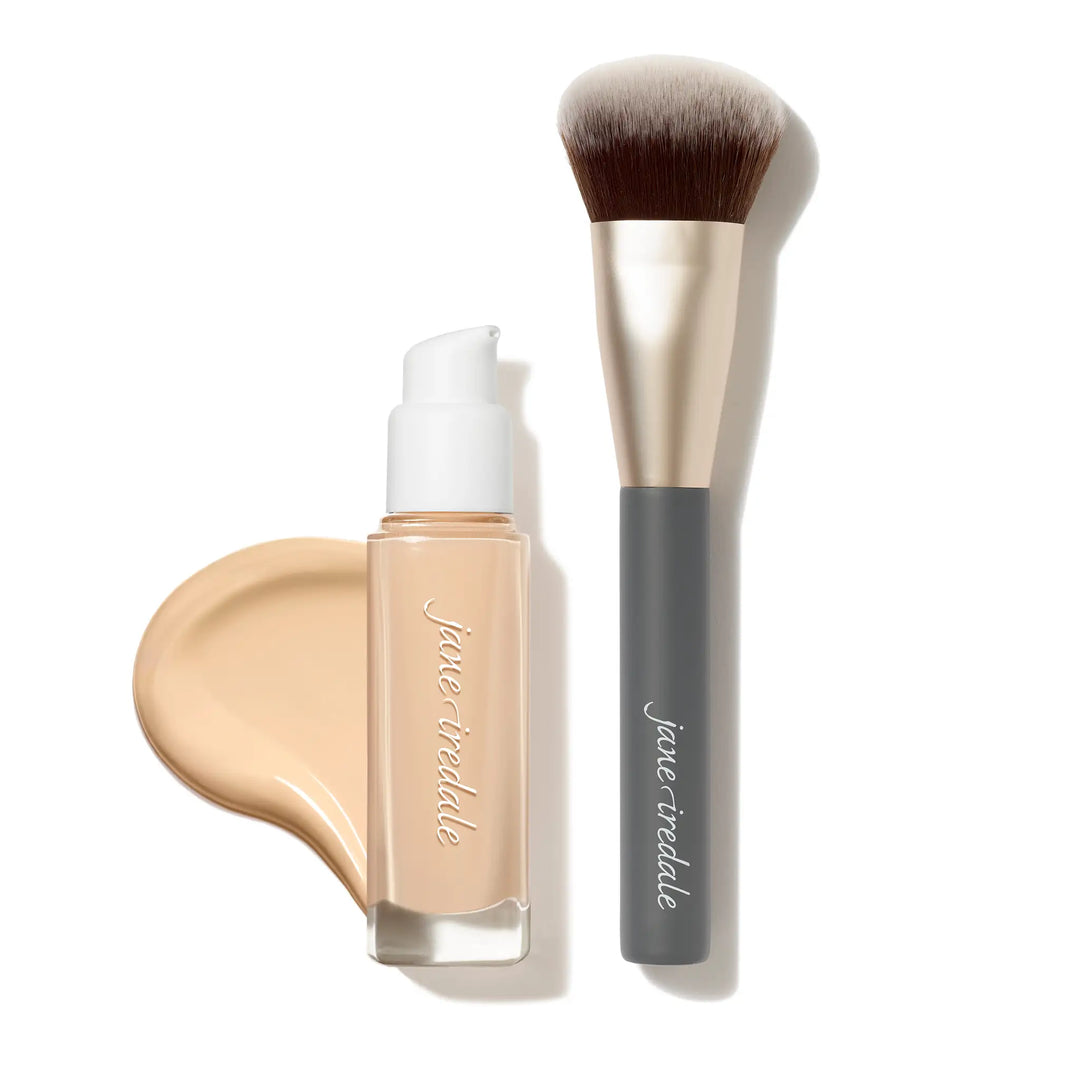 Jane Iredale Skintuition Liquid Foundation bottle Shade 10 and Multiuse Blending brush with bundle offer text on a white background