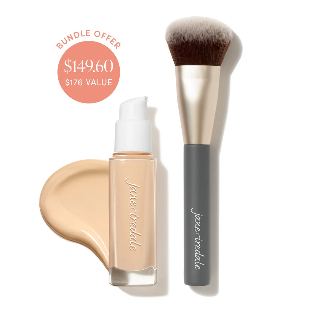 Jane Iredale Skintuition Liquid Foundation bottle and Multiuse Blending brush with bundle offer text on a white background