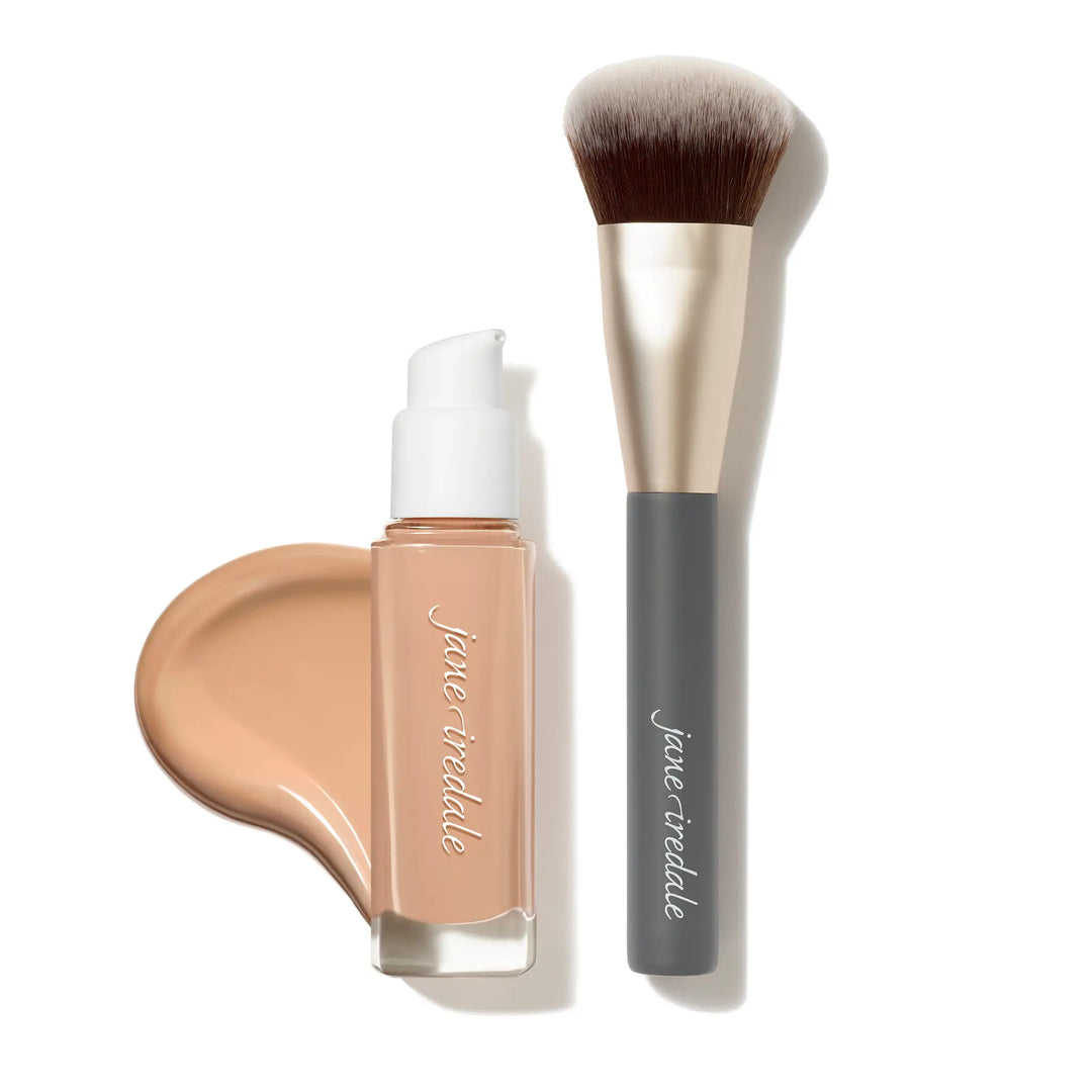 Jane Iredale Skintuition Liquid Foundation bottle shade 26 and Multiuse Blending brush with bundle offer text on a white background