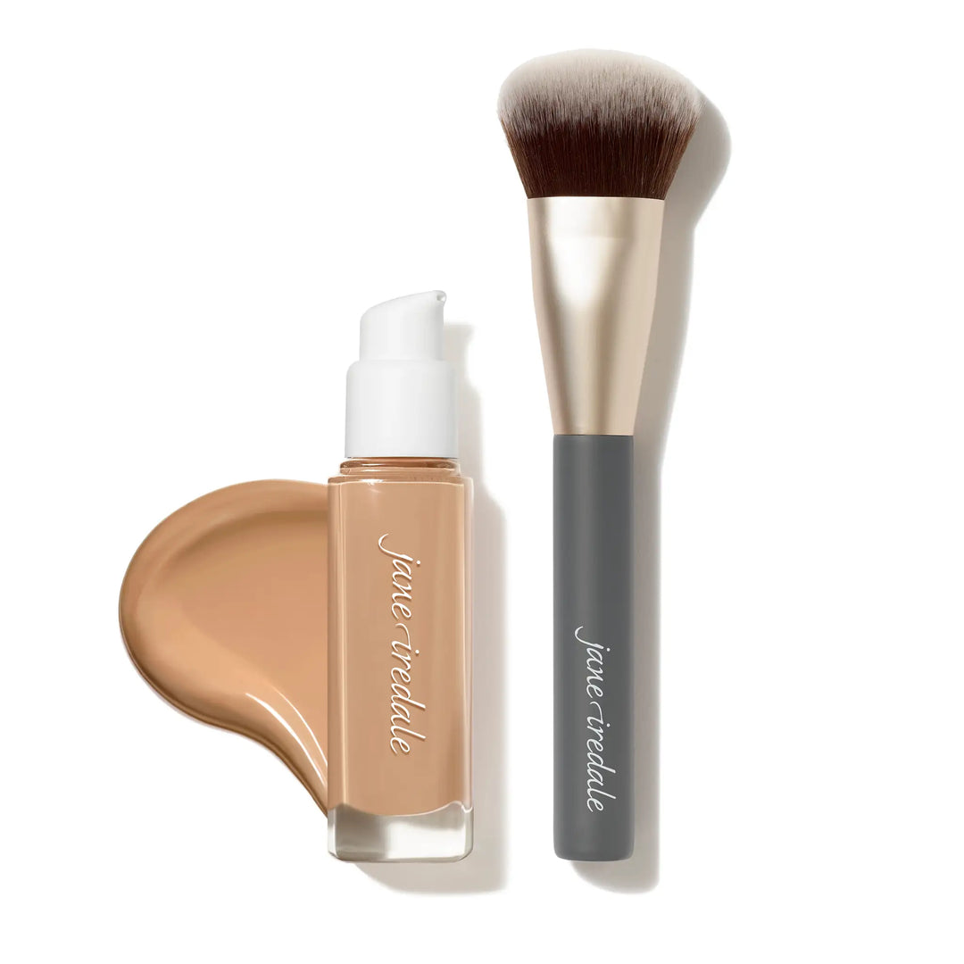 Jane Iredale Skintuition Liquid Foundation bottle shade 28 and Multiuse Blending brush with bundle offer text on a white background