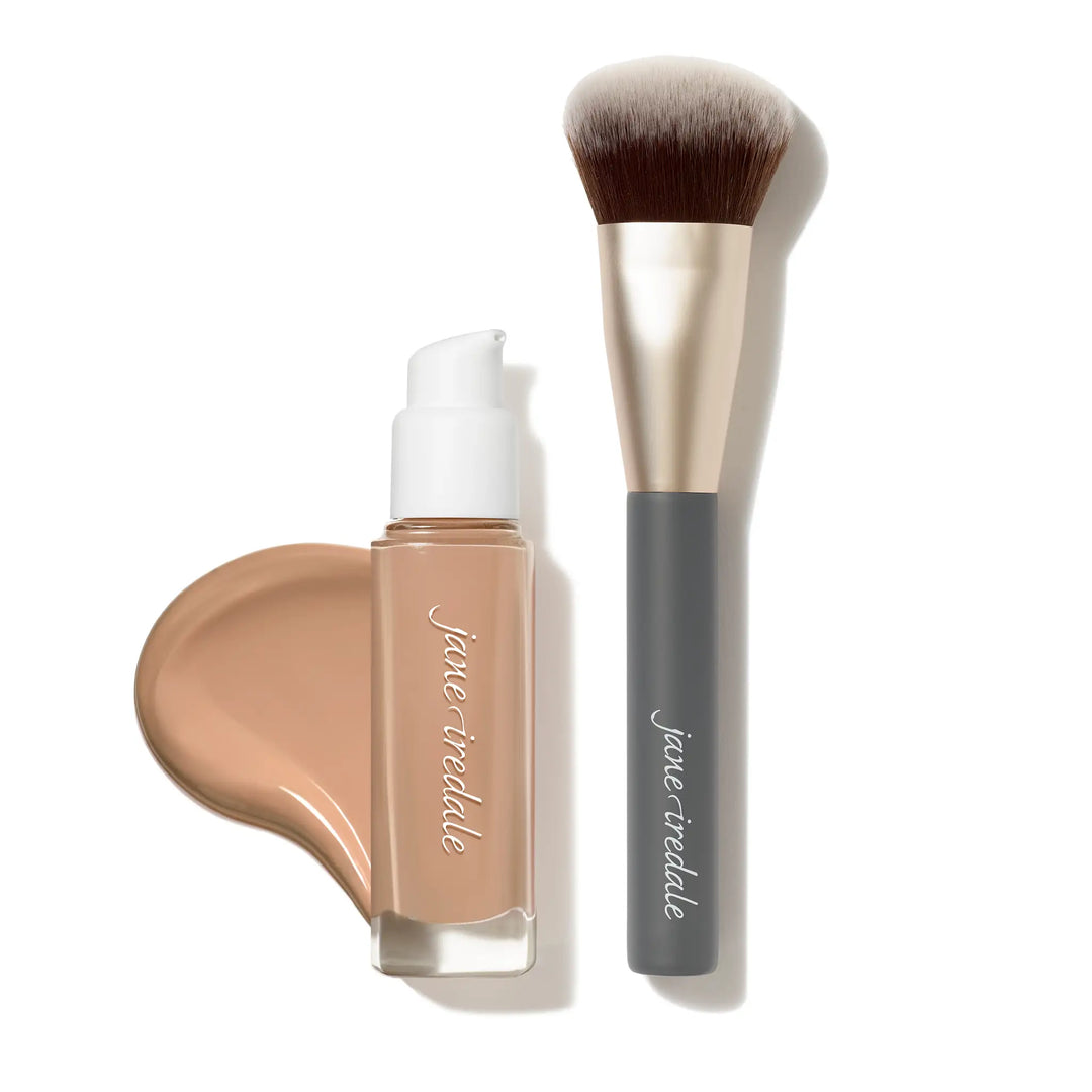 Jane Iredale Skintuition Liquid Foundation bottle shade 34 and Multiuse Blending brush with bundle offer text on a white background