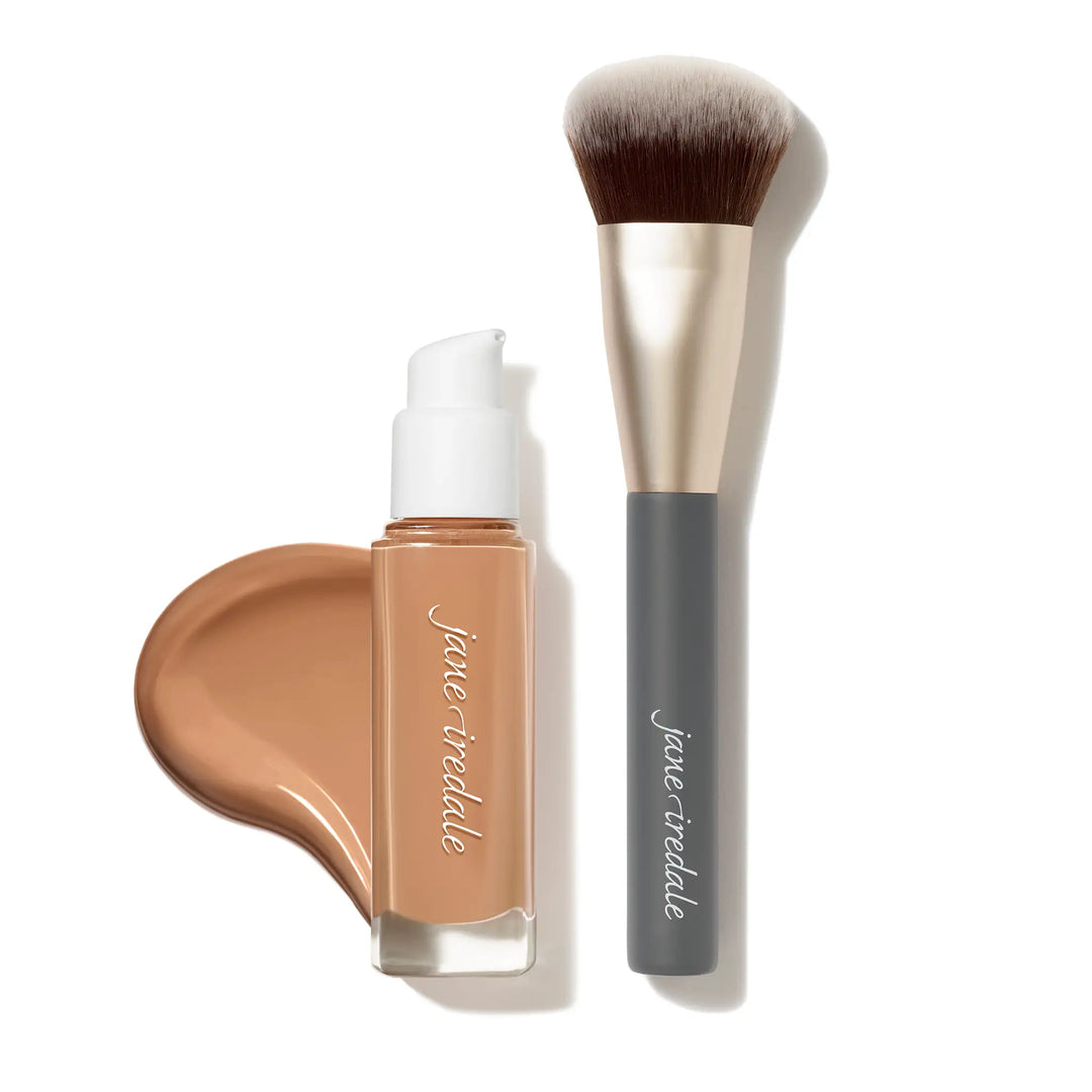 Jane Iredale Skintuition Liquid Foundation bottle shade 40 and Multiuse Blending brush with bundle offer text on a white background