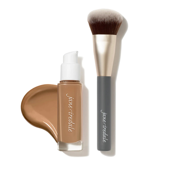 Jane Iredale Skintuition Liquid Foundation bottle shade 44 and Multiuse Blending brush with bundle offer text on a white background
