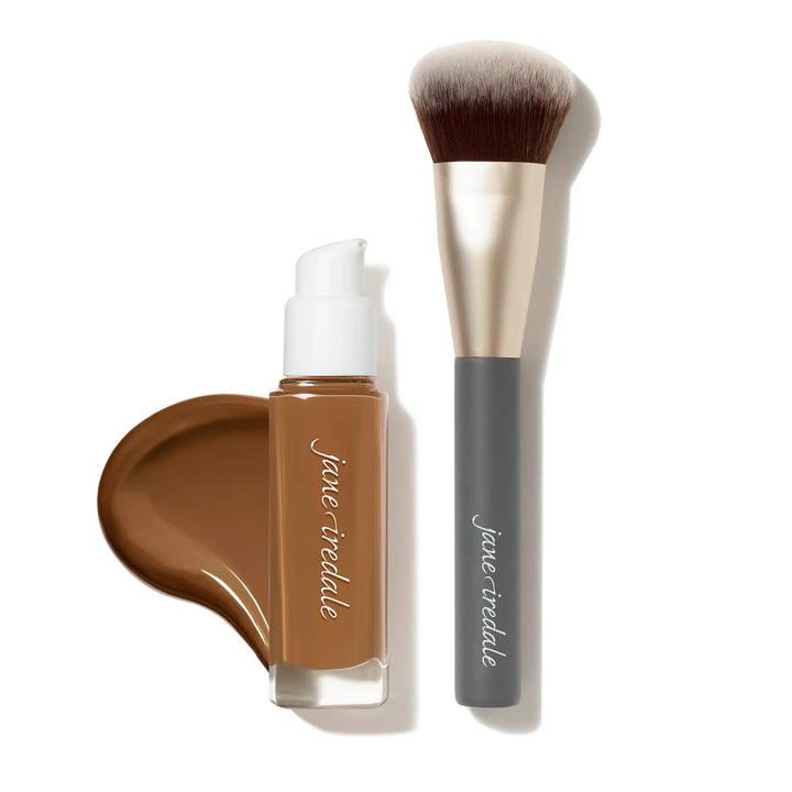 Jane Iredale Skintuition Liquid Foundation bottle shade 60 and Multiuse Blending brush with bundle offer text on a white background