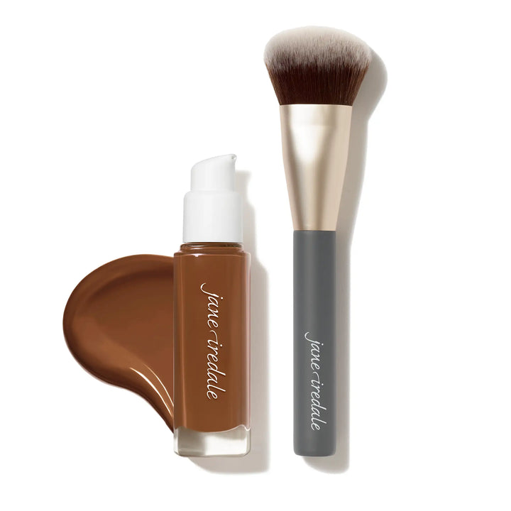 Jane Iredale Skintuition Liquid Foundation bottle shade 70 and Multiuse Blending brush with bundle offer text on a white background