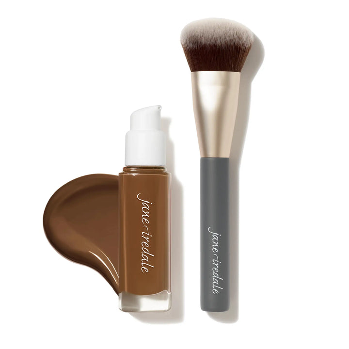 Jane Iredale Skintuition Liquid Foundation bottle shade 74 and Multiuse Blending brush with bundle offer text on a white background