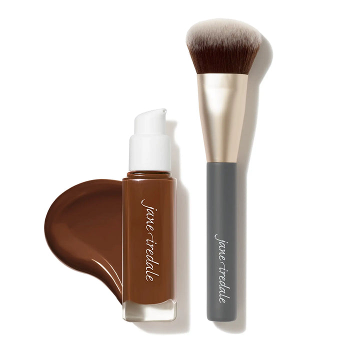 Jane Iredale Skintuition Liquid Foundation bottle shade 80 and Multiuse Blending brush with bundle offer text on a white background