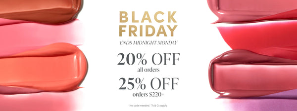 Black Friday sale advertisement with lip gloss products on a white background