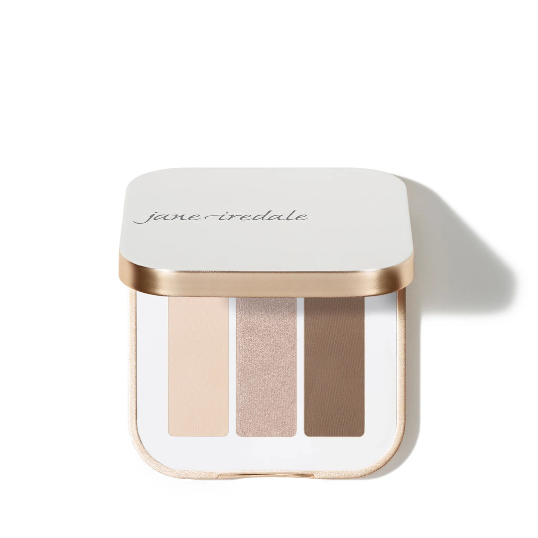 Jane Iredale eye shadow makeup product with three shades on a white background