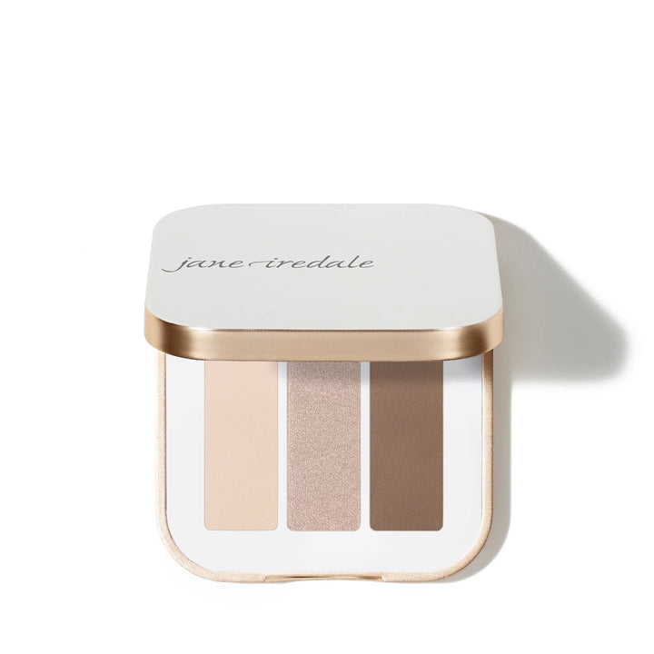 Jane Iredale eye shadow makeup product with three shades on a white background