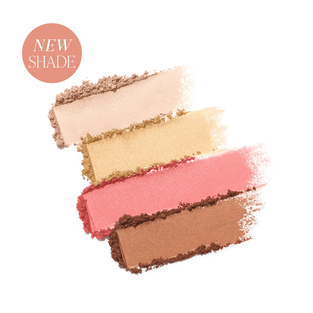 Swatches of Jane Iredale® PureBronze Shimmer Bronzer in First Light, showing four shimmer powder shades in soft pink, gold, coral pink and bronze.