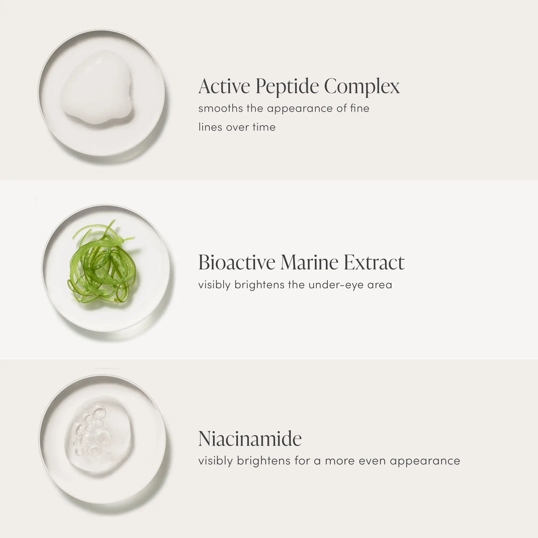 Ingredients - Jane Iredale Skintuition Brightening Under Eye Concealer ingredient feature graphic highlighting Active Peptide Complex, Bioactive Marine Extract and Niacinamide.