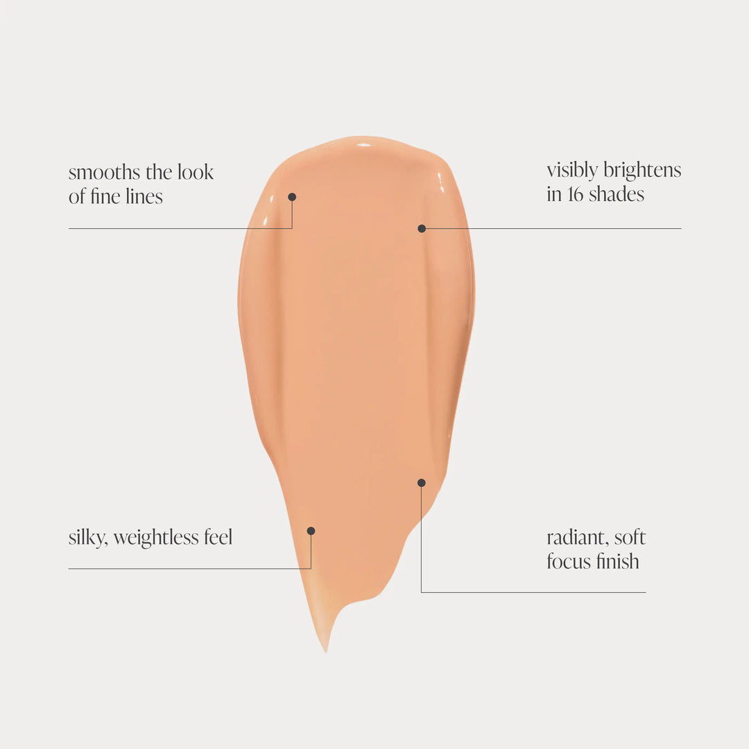 Features and benefits - Jane Iredale Skintuition Brightening Under Eye Concealer swatch graphic highlighting benefits including smoother-looking fine lines, visible brightness, a silky weightless feel and a radiant soft-focus finish.