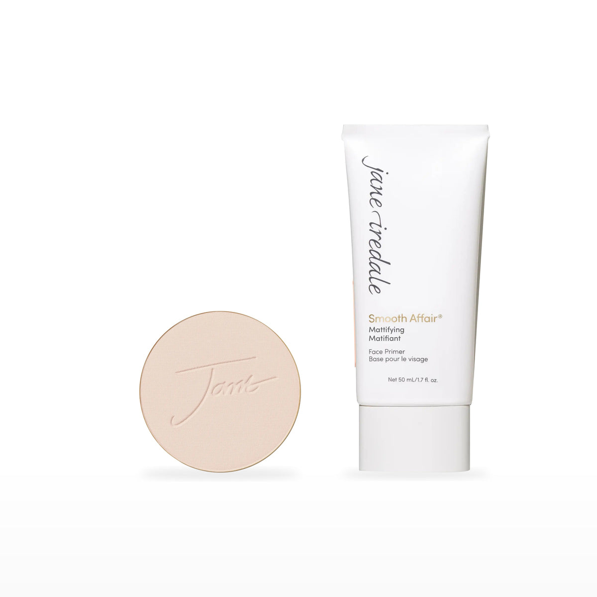 PurePressed Base Refill & Smooth Affair Primer Bundle. Ivory - fair with neutral undertones Ⓥ / Mattifying Face Primer Ⓥ. Included products grouped on white.