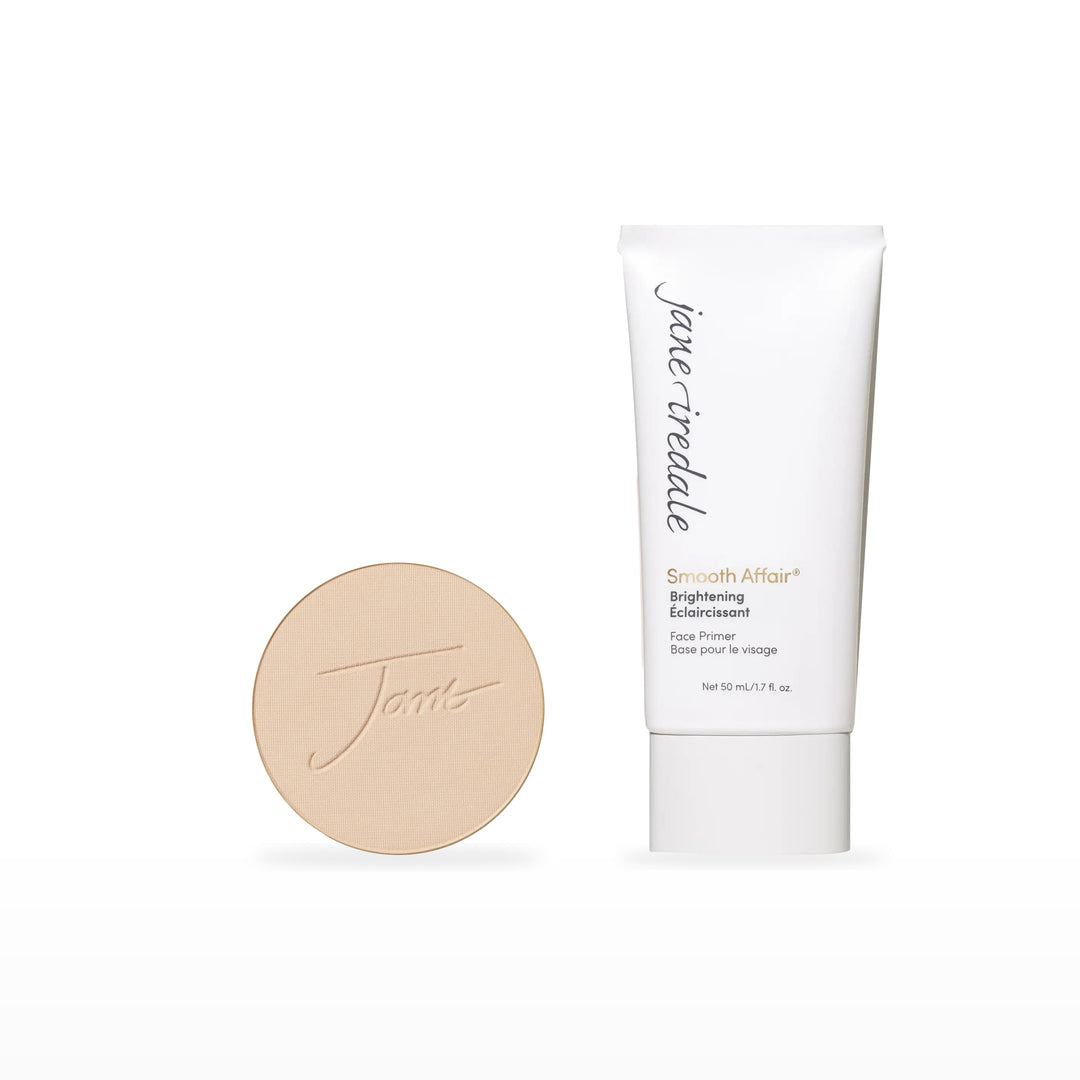 PurePressed Base Refill &amp; Smooth Affair Primer Bundle. Radiant - medium light with neutral undertones Ⓥ / Brightening Face Primer. Included products grouped on white.