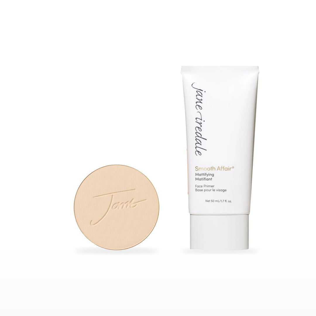 PurePressed Base Refill &amp; Smooth Affair Primer Bundle. Warm Silk - light with gold undertones Ⓥ / Mattifying Face Primer Ⓥ. Included products grouped on white.