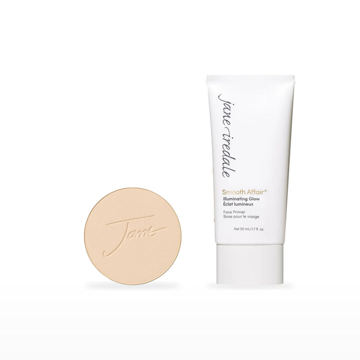 PurePressed Base Refill &amp; Smooth Affair Primer Bundle. Warm Silk - light with gold undertones Ⓥ / Illuminating Glow Face Primer Ⓥ. Included products grouped on white.
