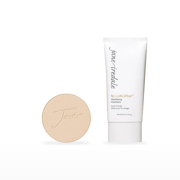 PurePressed Base Refill &amp; Smooth Affair Primer Bundle. Amber - medium light with gold undertones Ⓥ / Mattifying Face Primer Ⓥ. Included products grouped on white.