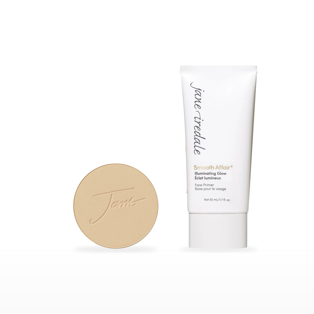 PurePressed Base Refill &amp; Smooth Affair Primer Bundle. Warm Sienna - medium light with strong gold undertones Ⓥ / Illuminating Glow Face Primer Ⓥ. Included products grouped on white.