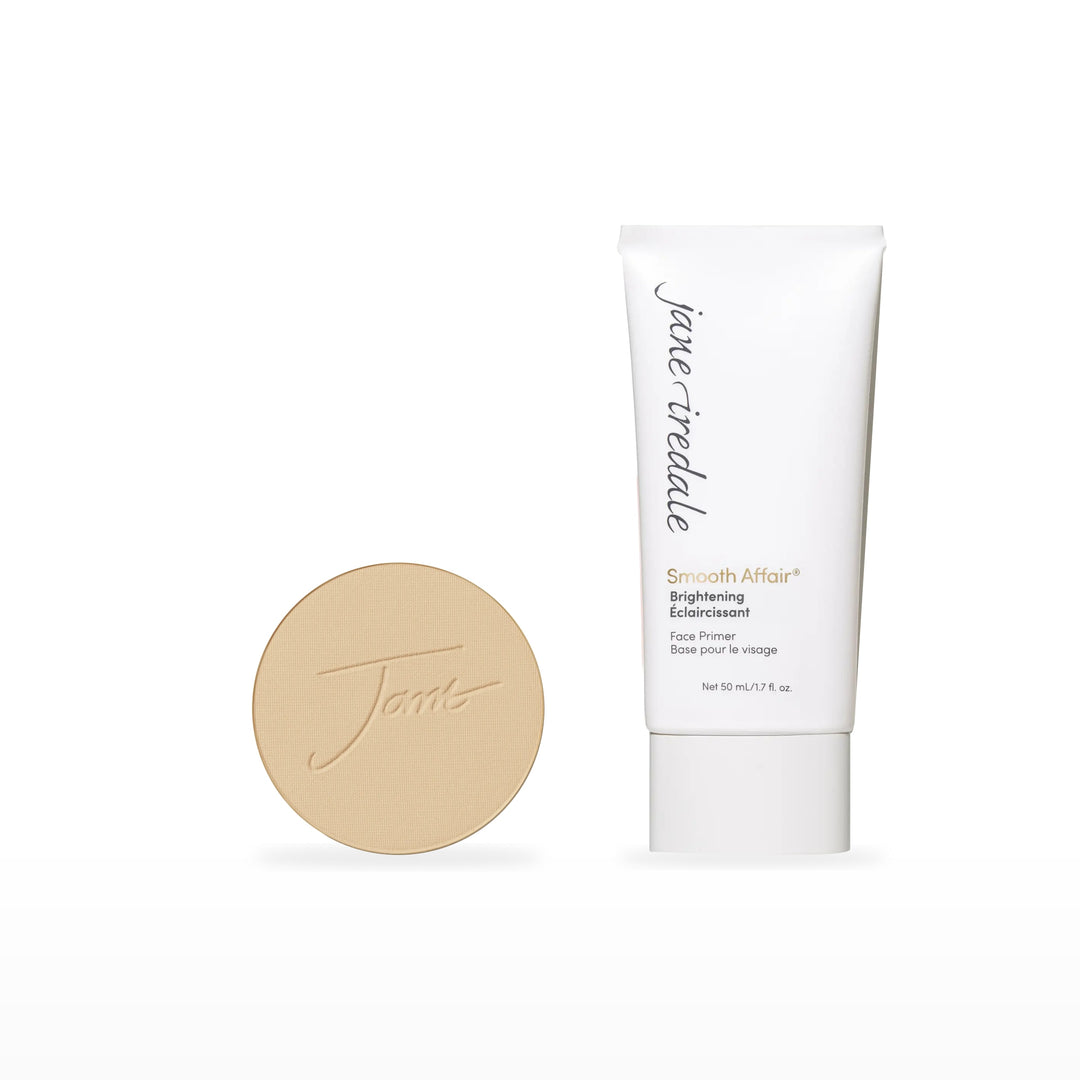 PurePressed Base Refill &amp; Smooth Affair Primer Bundle. Warm Sienna - medium light with strong gold undertones Ⓥ / Brightening Face Primer. Included products grouped on white.