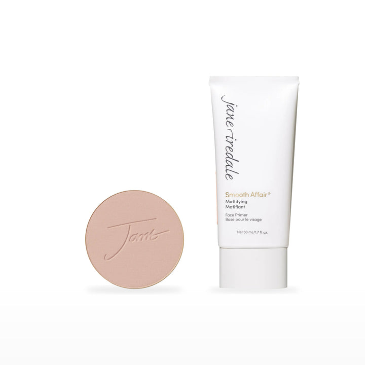 PurePressed Base Refill &amp; Smooth Affair Primer Bundle. Suntan - medium with neutral undertones Ⓥ / Mattifying Face Primer Ⓥ. Included products grouped on white.