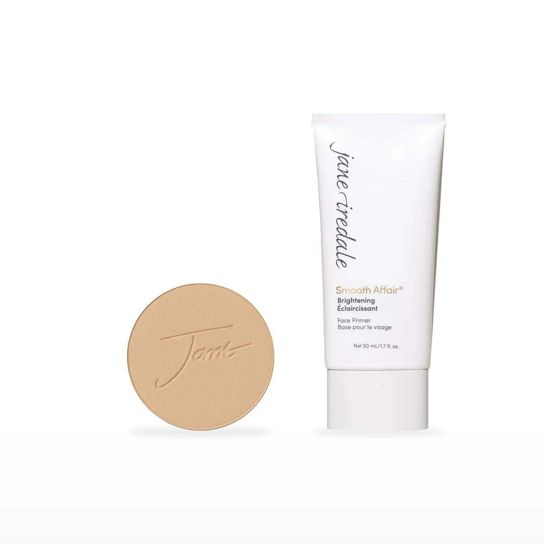 PurePressed Base Refill &amp; Smooth Affair Primer Bundle. Golden Glow - medium with strong gold undertones Ⓥ / Brightening Face Primer. Included products grouped on white.