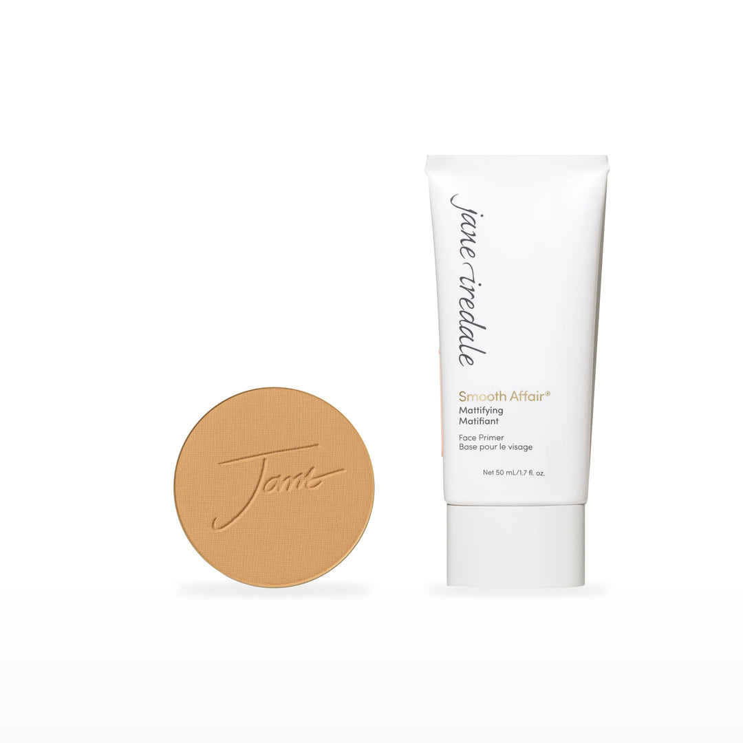 PurePressed Base Refill &amp; Smooth Affair Primer Bundle. Golden Tan - medium dark with gold/peach undertones Ⓥ / Mattifying Face Primer Ⓥ. Included products grouped on white.