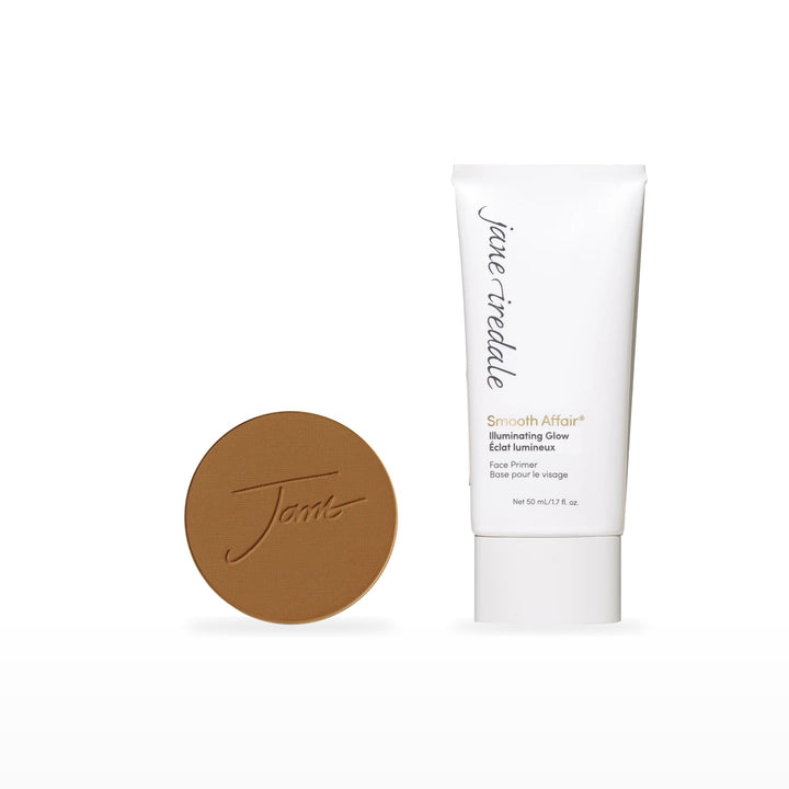 PurePressed Base Refill &amp; Smooth Affair Primer Bundle. Bittersweet - dark bronzed brown with gold/peach undertones Ⓥ / Illuminating Glow Face Primer Ⓥ. Included products grouped on white.