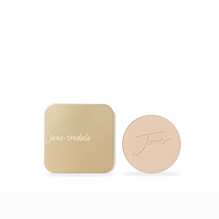 PurePressed Base Refill &amp; Refillable Compact Bundle. Radiant - medium light with neutral undertones Ⓥ / Dusty Gold. Included products grouped on white.
