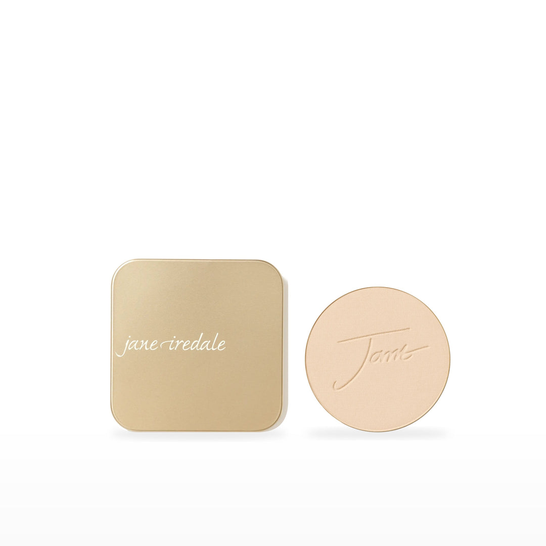 PurePressed Base Refill &amp; Refillable Compact Bundle. Warm Silk - light with gold undertones Ⓥ / Dusty Gold. Included products grouped on white.