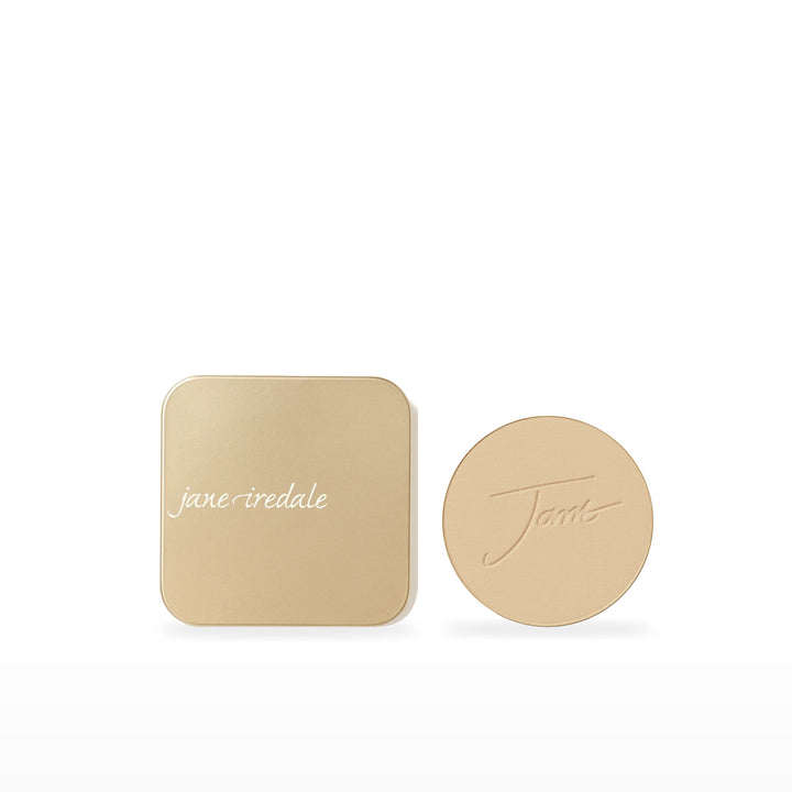 PurePressed Base Refill &amp; Refillable Compact Bundle. Warm Sienna - medium light with strong gold undertones Ⓥ / Dusty Gold. Included products grouped on white.