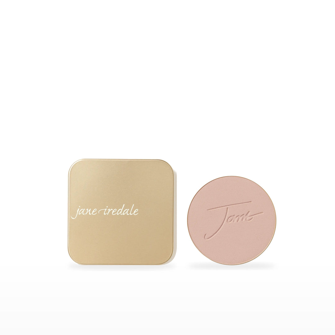 PurePressed Base Refill &amp; Refillable Compact Bundle. Suntan - medium with neutral undertones Ⓥ / Dusty Gold. Included products grouped on white.