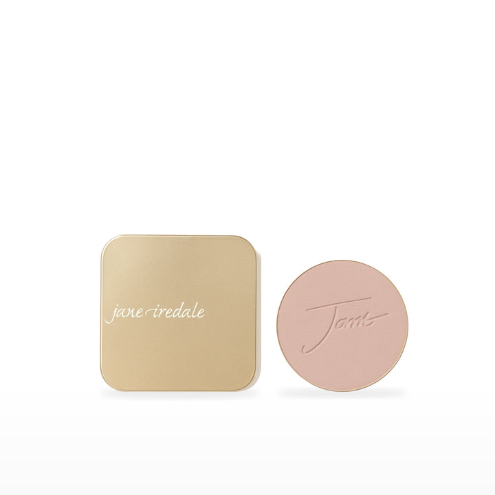 PurePressed Base Refill &amp; Refillable Compact Bundle. Suntan - medium with neutral undertones Ⓥ / Dusty Gold. Included products grouped on white.