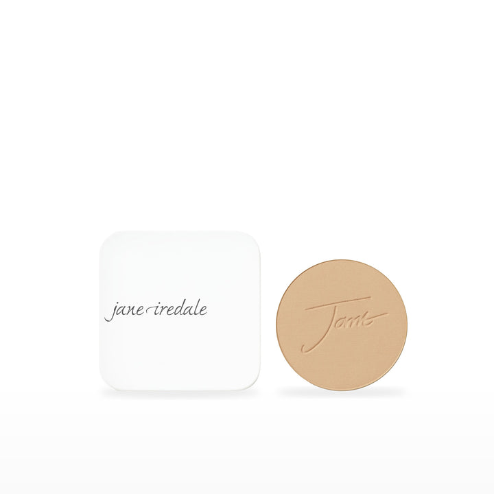 PurePressed Base Refill &amp; Refillable Compact Bundle. Golden Glow - medium with strong gold undertones Ⓥ / White. Included products grouped on white.