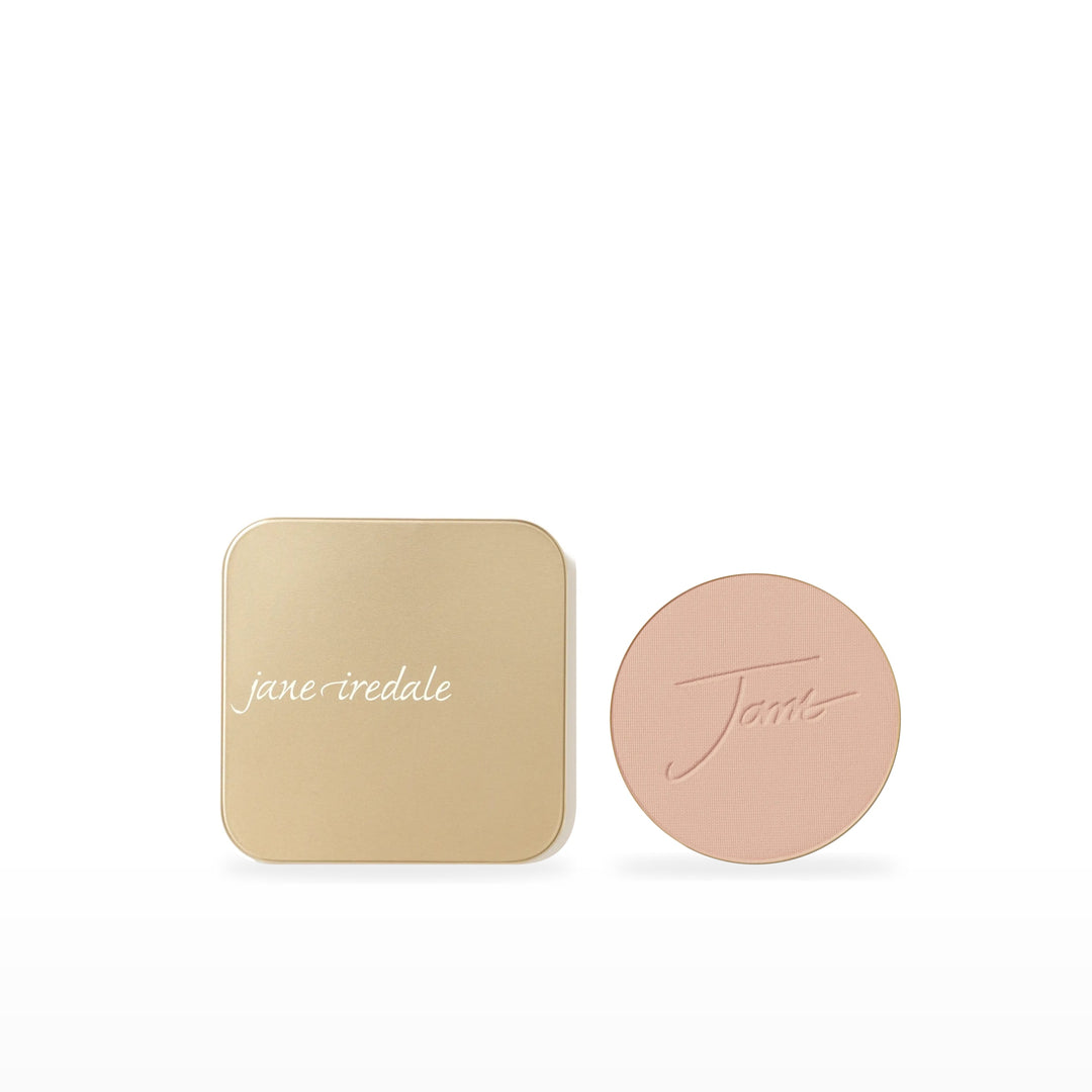 PurePressed Base Refill &amp; Refillable Compact Bundle. Honey Bronze - medium with pink undertones Ⓥ / Dusty Gold. Included products grouped on white.
