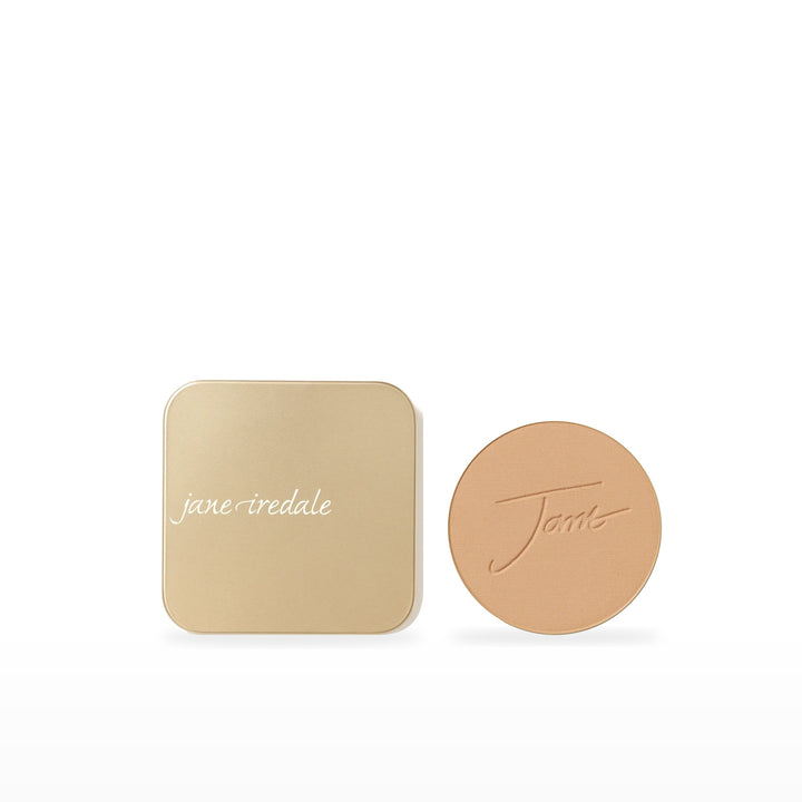 PurePressed Base Refill &amp; Refillable Compact Bundle. Sweet Honey - medium with gold/peach undertones Ⓥ / Dusty Gold. Included products grouped on white.