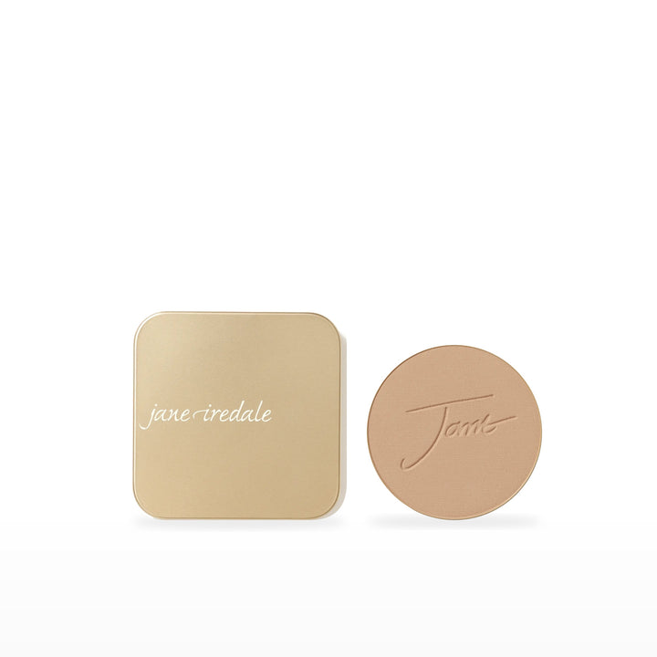 PurePressed Base Refill &amp; Refillable Compact Bundle. Riviera - medium/dark with peach/gold undertones Ⓥ / Dusty Gold. Included products grouped on white.