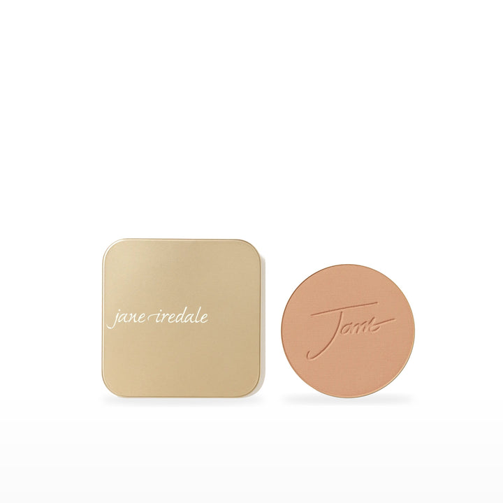 PurePressed Base Refill &amp; Refillable Compact Bundle. Teakwood - medium/dark with rose/gold undertones Ⓥ / Dusty Gold. Included products grouped on white.