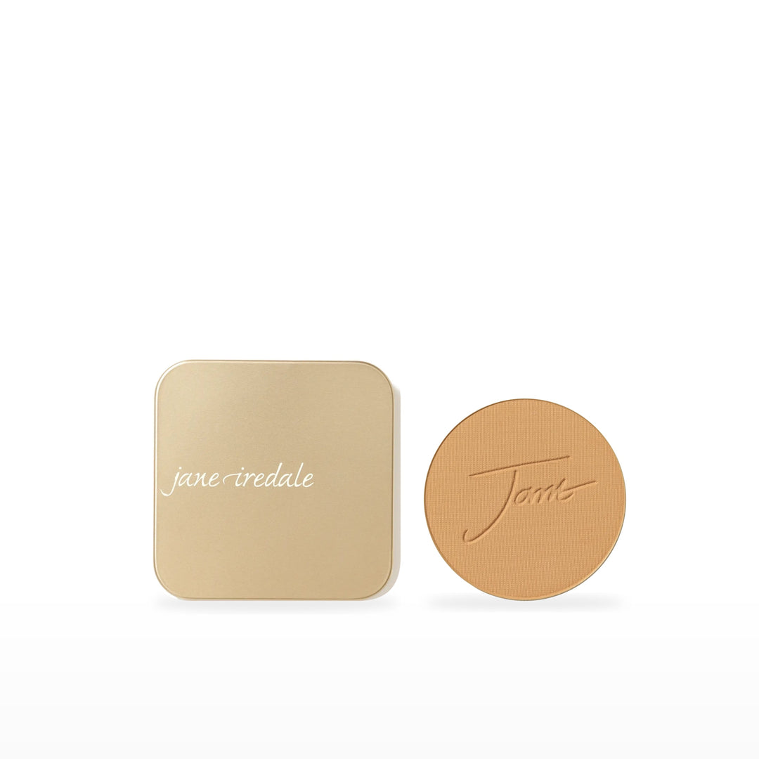 PurePressed Base Refill &amp; Refillable Compact Bundle. Golden Tan - medium dark with gold/peach undertones Ⓥ / Dusty Gold. Included products grouped on white.