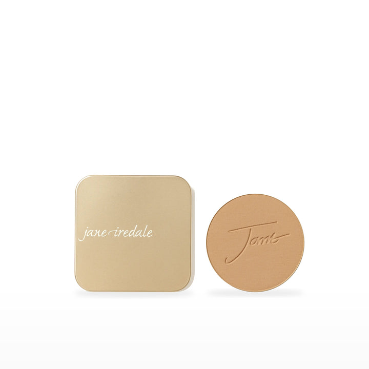 PurePressed Base Refill &amp; Refillable Compact Bundle. Caramel - medium/dark with gold undertones Ⓥ / Dusty Gold. Included products grouped on white.